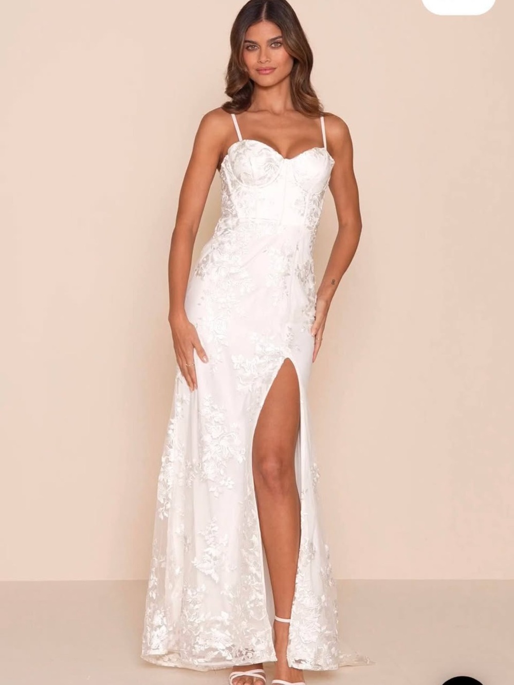 Lulu's White Lace Bustier Maxi Dress with Thigh Slit